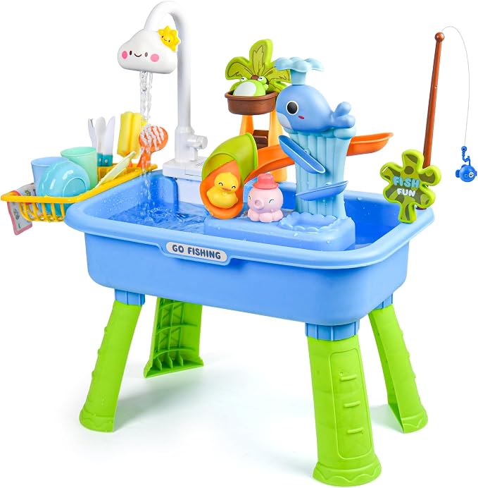 Upgraded Toddler Sand Water Table Toy with Electric Water Pump, Kids Sand Water with Faucet/Play Food Accessories/Fishing Toy, Kitchen Play Sink Toys for Girl Boy Age 3+