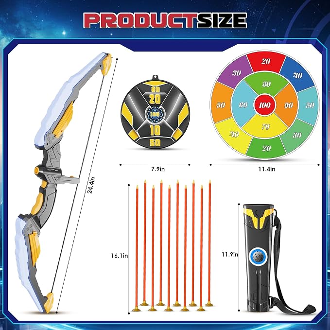 Kids Bow and Arrow Set LED Light Up Archery Set with 10 Suction Cup Arrows, 2 Archery Targets Indoor Outdoor Games for Kids Ages 4-8 8-12 Birthday Gifts Toys for 5 6 7 8 9 10 11 12 Year Old Boys Girls