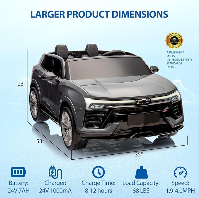 24V 2-Seater Electric Car for Big Kids, Licensed Blazer Chevrolet Ride on Car w/Parent Remote Control, Music, Headlights & Spring Suspension, Battery Powered Ride-on Toy for Kids Ages 3-8, Grey
