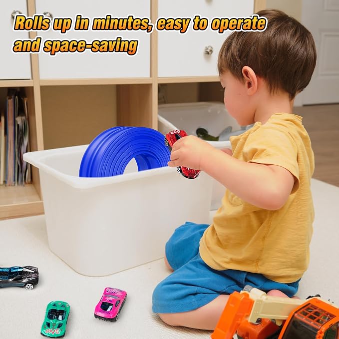 15Ft Flexible Race Car Track for Kids with Suction Cups Compatible with Diecast 1/64th Cars for Ages 3 & Up Blue Gray Orange Red Classic Long Rolls Up Portable Racetrack (Blue)
