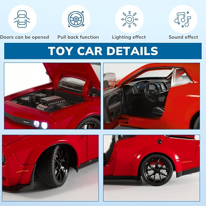 Car Toys for Boys 1/24 Diecast Cars Hellcat SRT Collectibles Model Kit,Pull Back Metal Toy Car with Lights and Sounds,Toy Cars for Boys Age 4-7(Red)