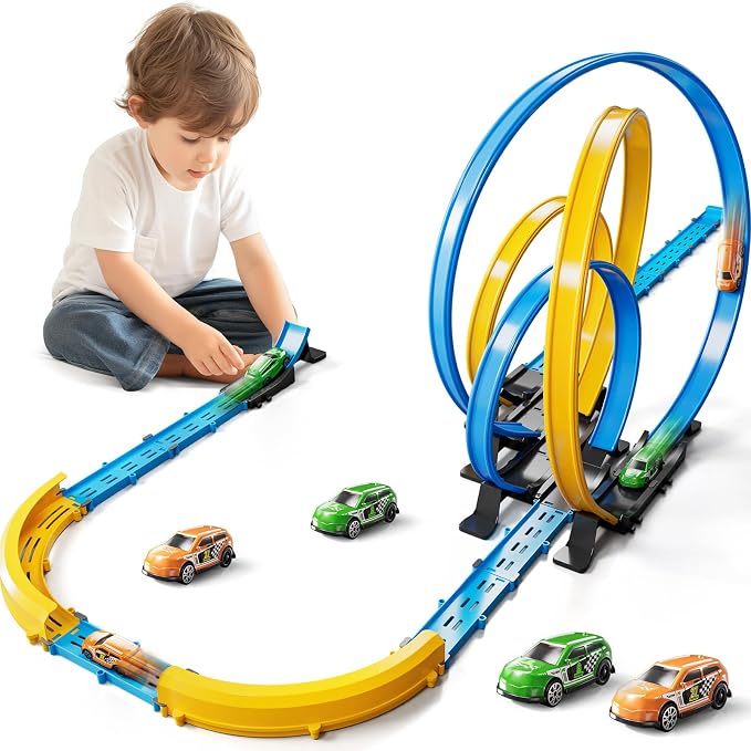 MSKOLER Car Race Track Sets for Kids 3 4 5 6 7 8 9 Years Old - Toy Car Track Set for Boys 3-5 6-8 8-12, Racing Game with 4 Small Cars, Boys Toy, Gifts for Girls 3-8