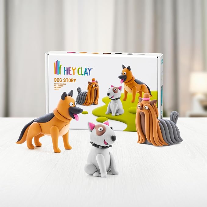 HEY CLAY Colorful Modeling Air Dry Clay for Kids 6 cans with Fun Interactive Instructions App - Kids Activities Age 3+ (Dog Story: Shepherd, Bull Terrier, Yorkie)