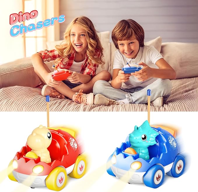 Kidz do 2 Pack Dinosaur Remote Control Cars Toys for Kids 2 3 4 5 Years Old, Christmas Birthday Gifts for Boys and Girls Ages 2-5, Dino Race Car Toddlers Toys with Music and Light(Red Blue)