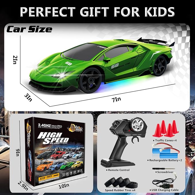 Remote Control Car RC Drift Car 2.4GHz 1:24 4WD 15KM/H High Speed Racing Sport Car with LED Lights Drifting Tire Racing Sport Toy for Adults Boys Girls Kids Gift 2Pcs Rechargeable Batteries