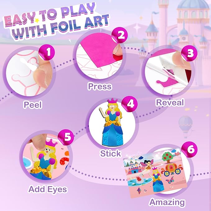 URMYWO Fun Foil Art Craft Supplies Kits, Princess Arts and Crafts for Kids Ages 4-8, No Mess DIY Creative Activity Sticker & Coloring Books, Travel Toys, Gifts for 4 5 6 7 8 9 10 Year Old Girls Boys