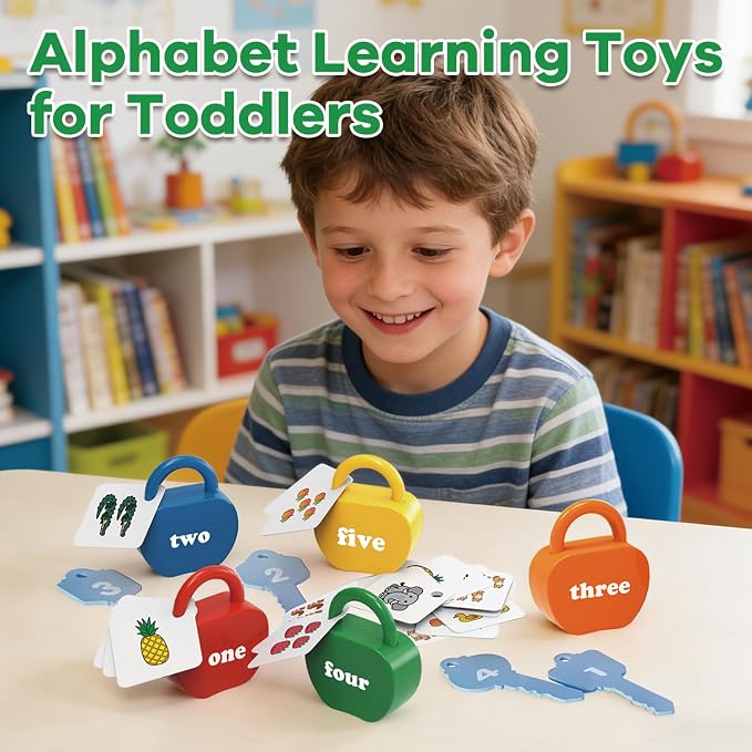 Montessori Lock and Key Toddler Toys, Cause and Effect Sensory Learning Toys for 1 2 3 Year Old, Number Counting & Matching Game, Fine Motor Skills Preschool Travel Activities