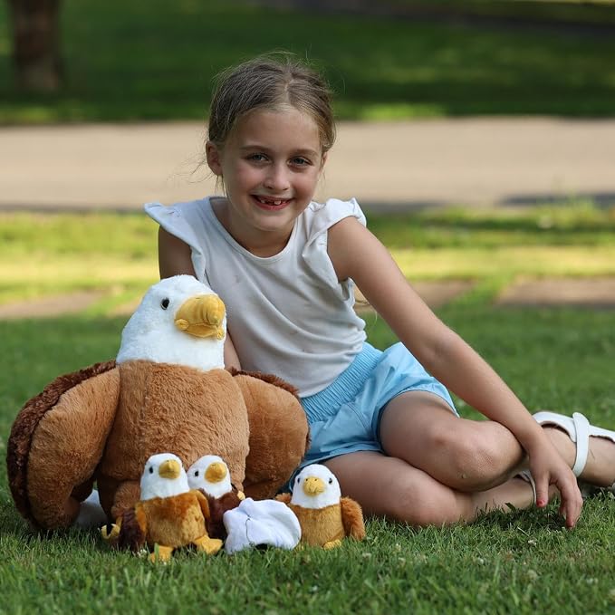 6 Piece Bald Eagle Plush Toy Set, 16 Inch Mother Eagle Stuffed Animal with 3 Baby Eagles and 2 Eggs, Soft Eagle Plush Family for Kids Boys Girls, Birthday for Bird Lovers