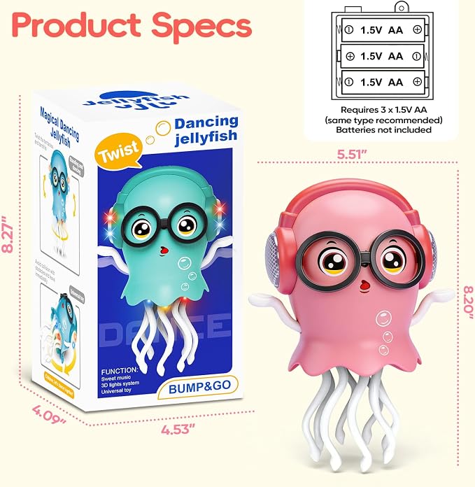 GONINO DJ Dancing Jellyfish Baby Girl Toys, Musical Crawling Tummy Time Toys with LED Light & Smart Obstacle Avoidance, 360° Spin Sensory Toys for Toddlers Kids, Birthday Gifts for Girls, Pink