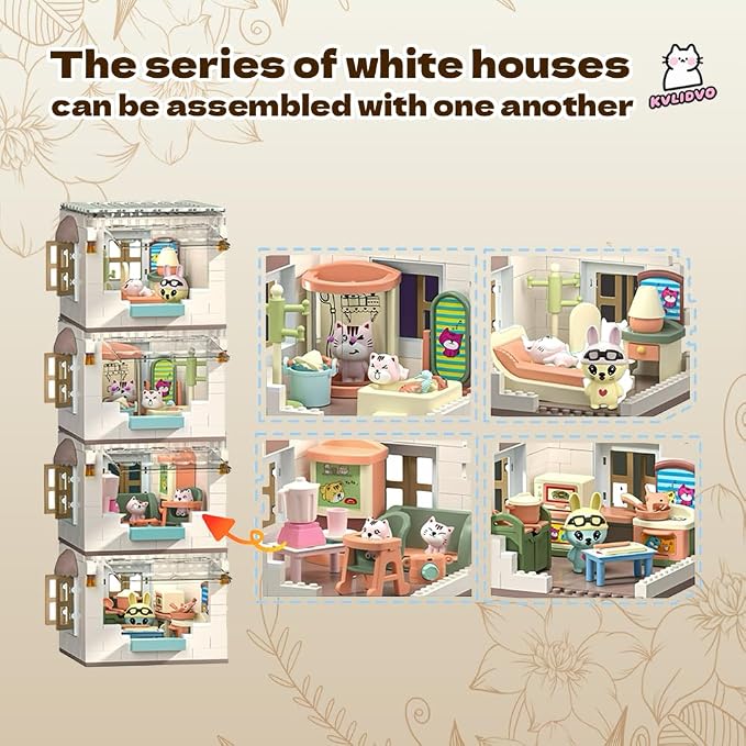 Koko's Cat Town DIY Miniature House Kit, Tiny White House Series Living Room Building Kit, Purrfect Dollhouse with 255PCS, Cat Toys Gift for Girls Boys Teens Kids Ages 3+