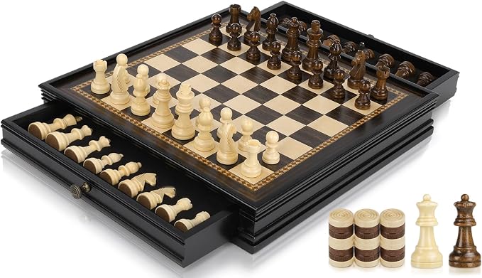 Peradix Magnetic Chess and Checkers Set with 2 Built-in Storage Drawers, Classic 2 in 1 Wooden Board Games, Magnetic Chess Pieces 2 Extra Queens, 12.8" Chess Set for Adults and Kids Gift Package