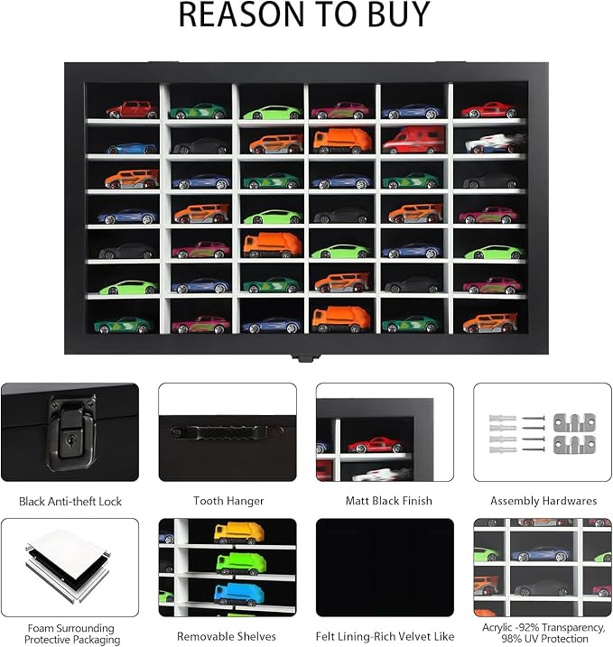 Diecast Model Car Display Case 1/64 Scale Toy Cars Organizer Storage Cabinet Wall Mount with Acrylic Glass Door & Removable Shelf - Holds Up to 42 Cars, Large-Black