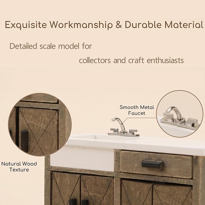 Dollhouse Furniture 1/12 Scale Miniature Sink Cabinet Wooden Bathroom Vanity Cabinet with Openable Drawer and Doors (Gray)