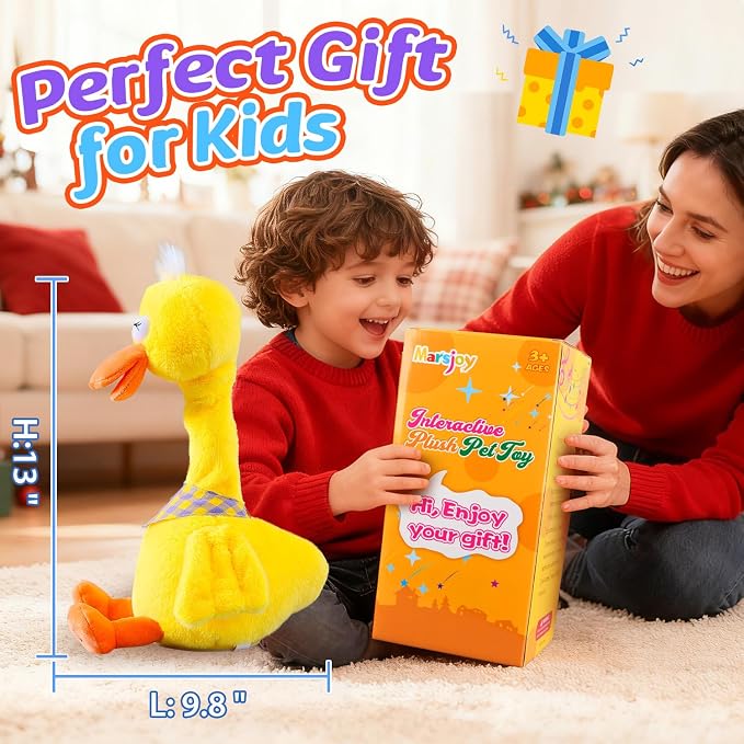 Marsjoy 13" Talking Dancing Duck, Repeating What You Say Mimicking Recording Plush Baby Toy Musical English Song Singing Talking Glowing Animated Twisting Gift of Lighting Up Toy for Boy Kid