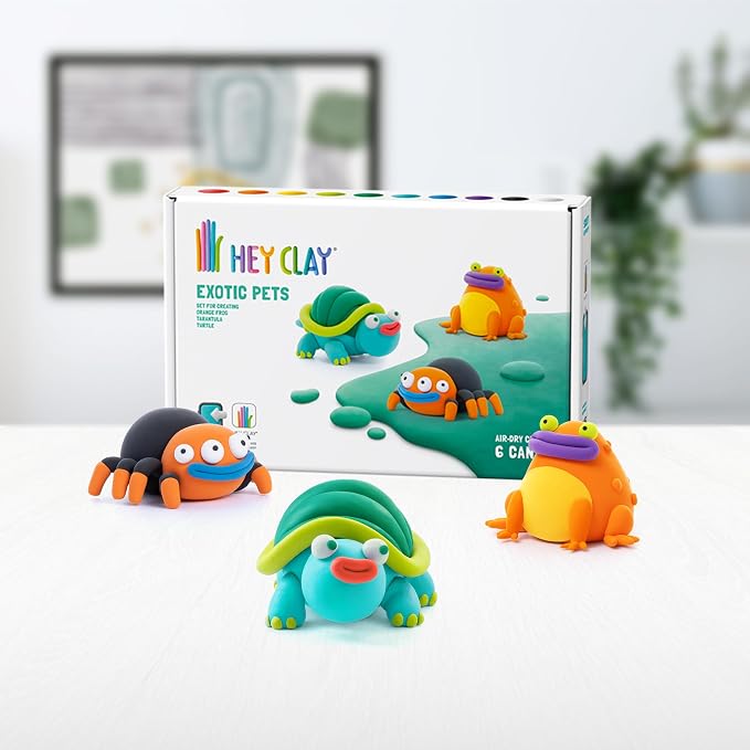 HEY CLAY Colorful Modeling Air Dry Clay for Kids 6 cans with Fun Interactive Instructions App - Kids Activities Age 3+ (Exotic Pets: Tarantula, Turtle, Orange Frog)