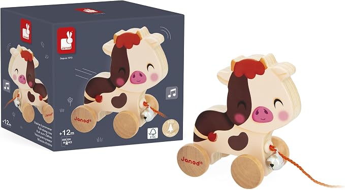 Janod - Wooden Ride-On Cow with Bell - Pull-Along and Push-Along Toy - Motor Skills & Imagination Training - 50cm String Suitable for Small Hands - from 12 Months, J03324