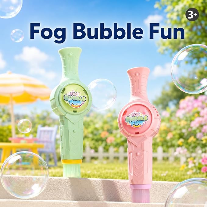 Fog Bubble Machine, Electric Smoke Bubble Maker with Music & Colorful Lights, Magic Interactive Bubble Fog Game for Kids Parties Gift, Includes 3 Refills, Pink