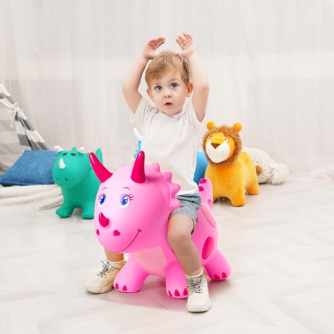 Dinosaur Bouncy Animal Toys, Pink Triceratops Bouncer, Ride on Bounce Hopper for Kids 2-5 Indoor Outdoor Activity Birthday for 18 Months 2 3 4 Years Old Boys