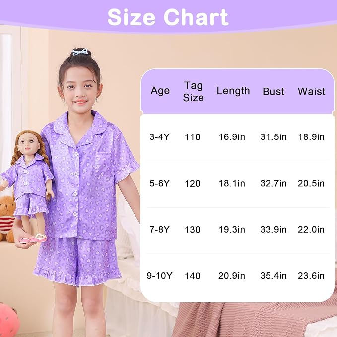 ICOSY Matching Doll & Girls Silk Pajamas Satin Pjs for Girls Button-Down Top and Shorts for 18" Doll Girl Clothes