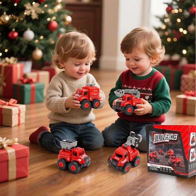 4 Pack Friction Powered Fire Truck Toys, Push and Go Emergency Vehicle Set with Ladder, Water Tank, Rescue & Drill Trucks, Durable Play Trucks for Toddlers 1-5, Gift for Boys Girls
