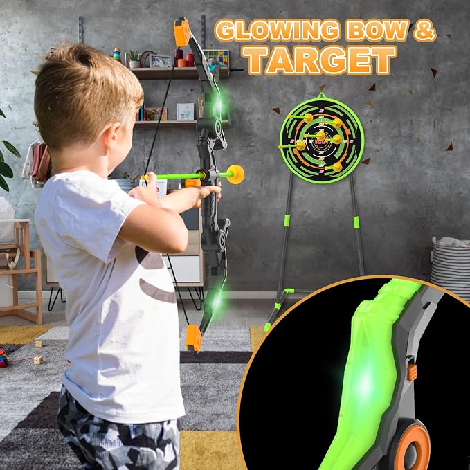 Kmuxilal Kids Bow and Arrow Set with LED Flash Lights, 10 Suction Cup Arrows, Quiver and Fluorescence Standing Target-Perfect Indoor and Outdoor Archery Set Toy Gift for Boys and Girls Ages 4-12