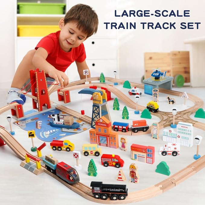 Qilay 121PCS Wooden Train Set with Storage Bag - Busy Port City Wooden Train Track Set Toy for Kids Ages 3+, Compatible with Major Brands, Great Birthday Railway Playset Gift for Boys & Girls