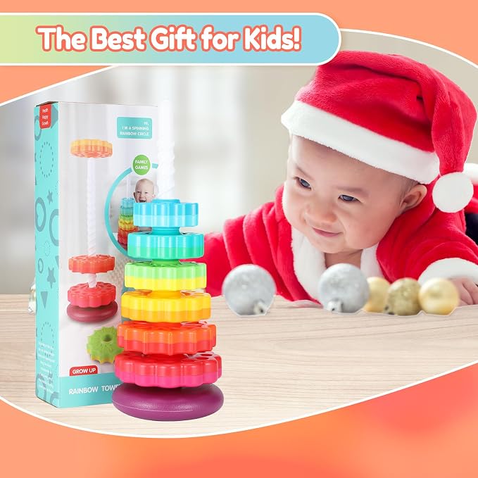 Riuja Baby Spinning Stacking Toys, 1-3 Rainbow Ring Stacker Montessori Toys for Babies, Sensory Toys for Toddlers, Christmas and Birthday Gifts Suitable for Boys and Girls (16 inches)