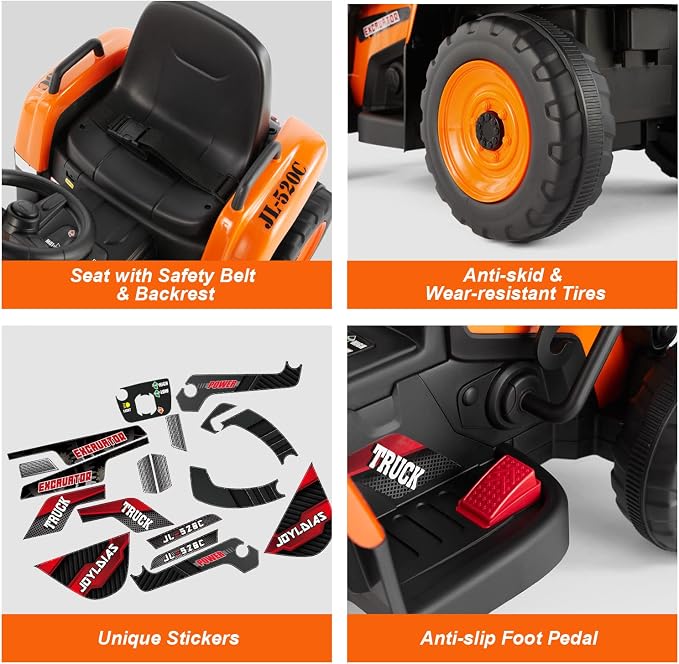 JOYLDIAS Ride On Excavator, 12V Electric Construction Vehicle Bulldozer/Tractor for Kids Digger with Remote Control, 3 Speeds, Bluetooth, Music, Lights, Orange