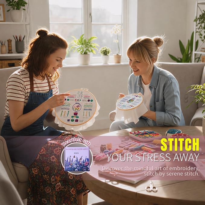 ETSPIL Embroidery Starter Kit for Adults, 3 Simple Patterns to Master 33 Stitches, Easy Step-by-Step 4K HD Video Tutorials & Bound Guide, DIY Craft Gift for Teens