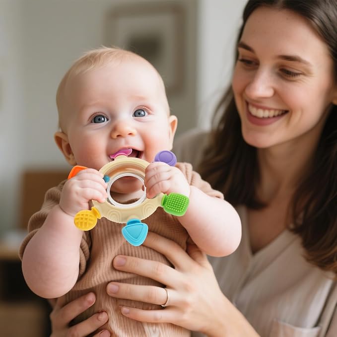 Baby Teething Rings Toys for 0-6 6-12 Months Baby Rattle Teether Sensory Toys for Babies 0-24Months Silicone Teether Relief Chew Soothing Sore Gums for Newborn Infant Essentials BPA Free