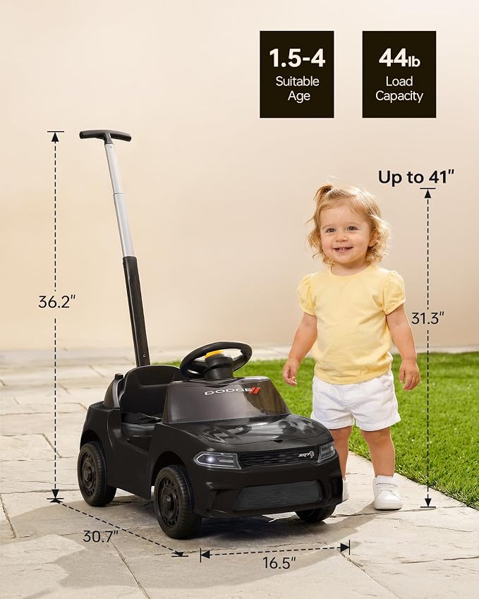 Licensed Dodge Ride on Push Car for Toddlers, Kids Push Car with Handle, Music and Horn for Toddlers 1-3 Years-Black