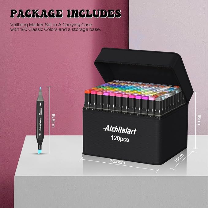 alchilalart 120 Colors Alcohol Markers Set, Dual Tip Art Markers with Case, Premium Artist Pens for Adult Coloring Books, Journaling, Sketching, Manga, Card Making, Gifts for Kids Teens & Women