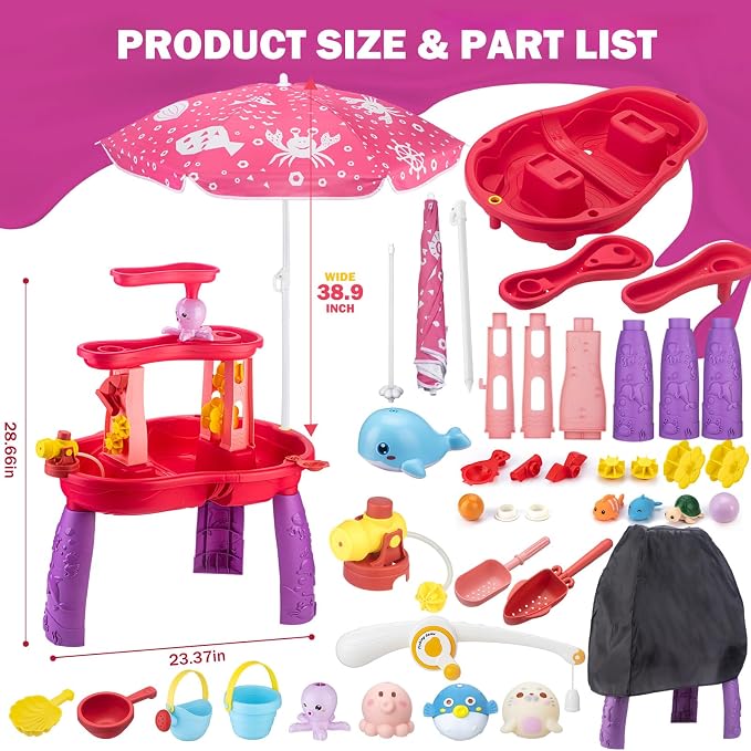 Water Table for Toddlers 3-5 with Umbrella Outdoor Toys for Kids Ages 4-8 Kids Sand Water Table with Fishing Game Set Activity Sensory Table with Water Pump Summer Beach Toys