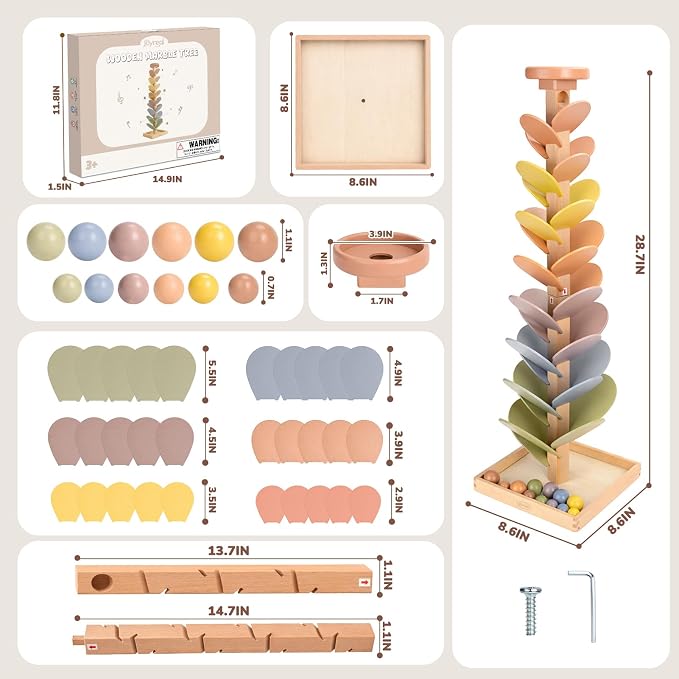Joyreal Wooden Marble Run Music Tree for Kids 3-5 4-8, Montessori Wooden Ball Drop Toy, Rainbow Marble Tree Tower with Sound Leaves, Educational Learning Birthday Gift