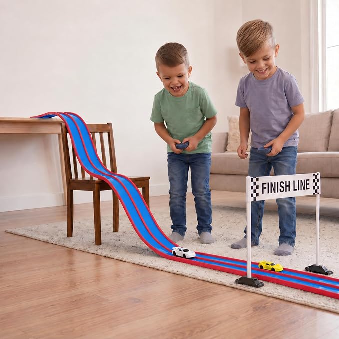 Flexible Race Track for Kids – Friendly Racing Competition, Double-Sided 1 & 2 Lane Track, Red - Blue Track, Roll-Up Design with Anchors, Build, Race & Win Fun, (No Cars Included)