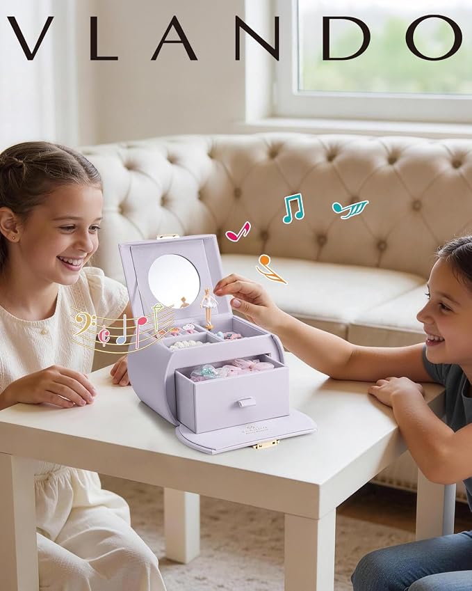 VLANDO Kids Musical Jewelry Box for Girls with Drawer, Music Box with Ballerina and Stickers for Birthday Bedroom Decor, Valentines Day Gifts for Daughter Girls Kids - Light Purple