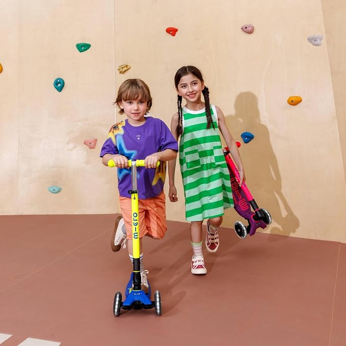 Micro Kickboard | Maxi Foldable LED Kids Scooter for Ages 5-12 | Children up to 110 lbs | 3 Wheel Lean-to-Steer Design | Adjustable T Bar | Smooth Ride, Motion Activated PU LED Wheels | Swiss Design