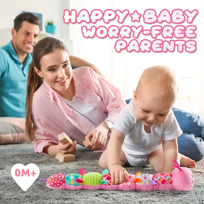 AWOTOY Baby Toys 0-6-12 Months,Infant Musical Stuffed Animals Activity Toys with Muti-Sensory Crinkle,Rattles,Baby Girl Toys Gifts for Newborn Tummy Time,Caterpillar,Pink
