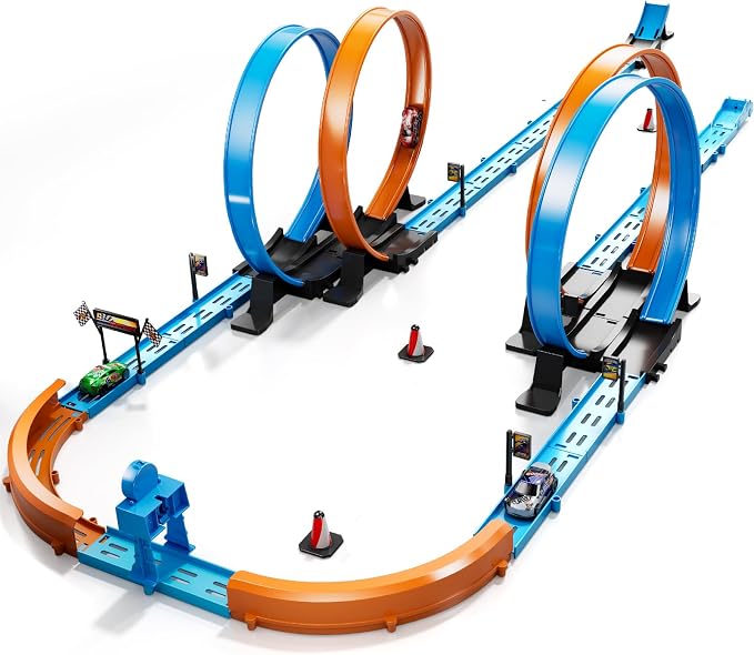 LILYBUDS Toy Car Track Gift Set for Boys Kids Age 3-5 4-7 8-12, Long Race Tracks with 4 Action Loops and 4 High-Speed Slot Die-Cast Race Cars, 35+ Pieces Race Tracks to Create Multiple Configurations