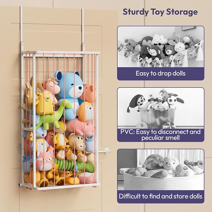 SWTYMIKI Hanging Stuffed Animal Storage - Over Door Large Plush Toy Organizer, Wall Mounted or Corner Stuffie Storage for Nursery, Doll & Bear Plush Organizer for Kid Room Bedroom (Pink, 2-Tier)