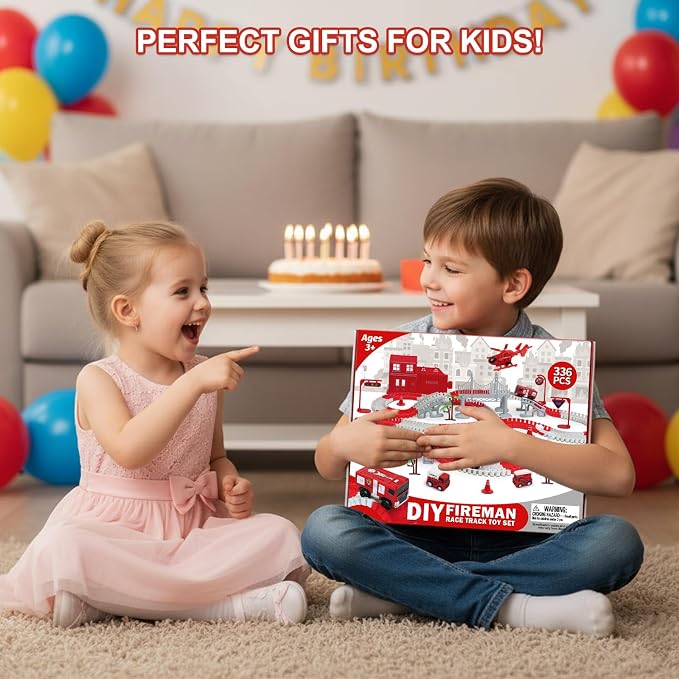 Race Car Track Set for Kids - Flexible Educational DIY Track Toy, Best Birthday Gift for Boys Ages 3 4 5 6 7, 330+ PCS with Fire Trucks and Helicopter