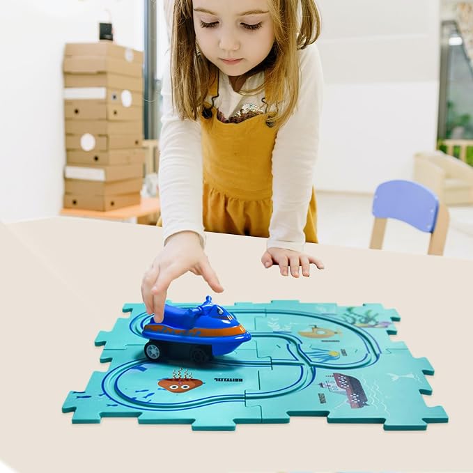 4 Year Old Boy Birthday Gift, Puzzle Racer Kids Car Track Set Puzzle Racer Car Track Set with Roadmap Puzzle Track Car Play Set Toys for 4 Year Old Boys (C-Ocean, Set3-5PCS)