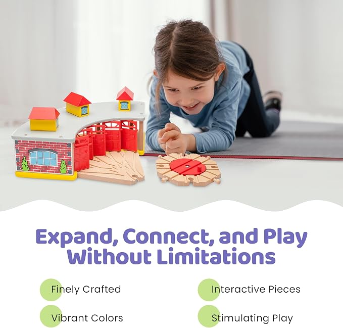 maxim enterprise, inc. Wooden Train Round House Combo with Rotating Turntable, Train Shed to House 5 Engines or Cars, Rotating Turntable Switching Track Compatible with Major Brand Railway Sets