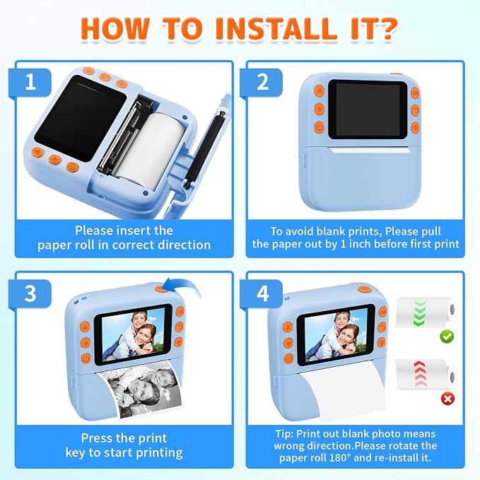 Instant Print Camera for Kids, Christmas Birthday Gifts for Girls Boys, 1080P Instant Digital Print Cameras for Toddler,Portable Toy for 4 5 6 7 8 9 10 Year Old Girl with 32GB SD Card,Light Blue