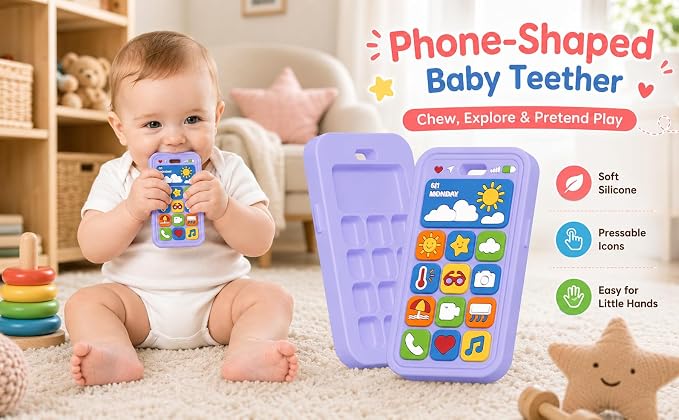Baby Teething Toys Silicone Baby Phone Teether Over 3 Months - Sensory Chew Toys Baby Teether for Teething Relief - BPA Free Infant Toys Baby Shower Gifts (1, Purple)
