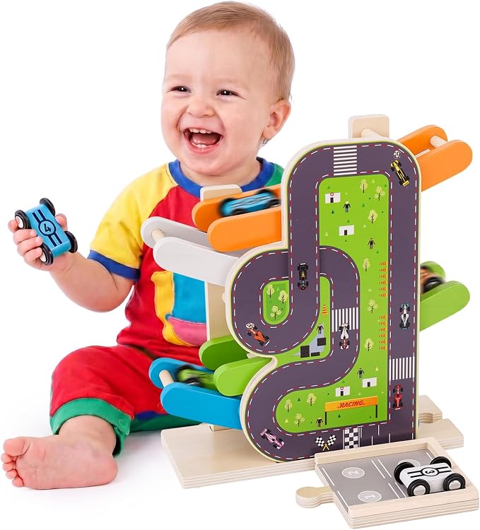Busy edition Car Ramp Toys for 1 Year Old Boy Gifts, Montessori Toys for 1 Year Old, Wooden Race Car Track for Toddlers 1-3, Toy Cars Ramp with 4 Mini Cars & Parking Lots, 1st Birthday Gifts Boy