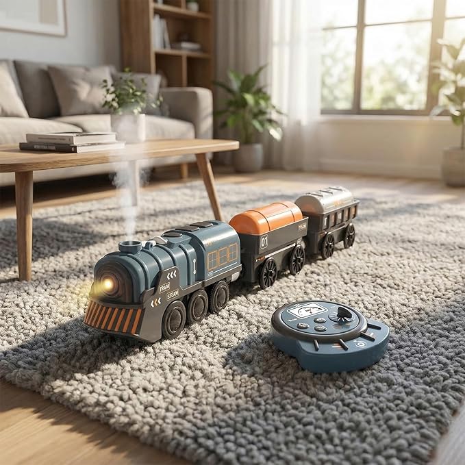 Remote Control Steam Train for Wooden Tracks – RC Train Set with Realistic Smoke, Lights & Sound, Motorized Toy Train Compatible with Thomas & Friends, Brio, for Kids Ages 3-8