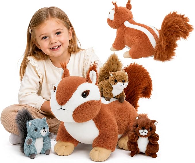 Tezituor Chipmunk Stuffed Animal, Soft Stuffed Squirrel for Kids,17.7" Squirrel Plush Toys Bulk,Realistic Mommy Chipmunks Plushie with 3 Babies for Christmas,Valentines,Easter,Birthday,Party Decor