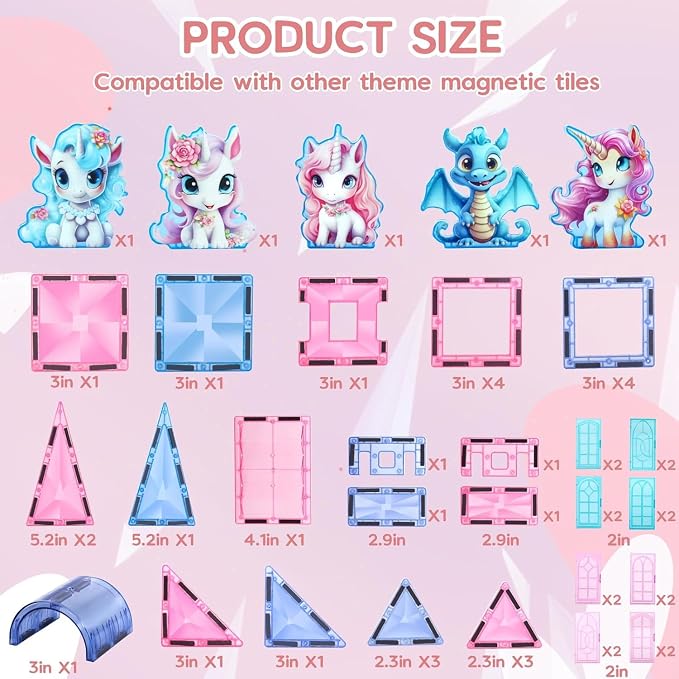 Unicorn Magnetic Tiles 49pcs β Magical Unicorn Toys for Girls Aged 4-8, Magnetic Building Blocks, STEM Construction Toy with 4 Unicorn Dolls and Dragon, Diamond 3D Educational Gift for Girls & Boys