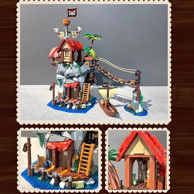 Viking Medieval Pirate's Cliffside Broken Mast Cabin Wharf Building Set House Building Block Toy, Medieval Pirate Ship Architecture Bricks Kit,Gift for Women or Adult 1045pcs